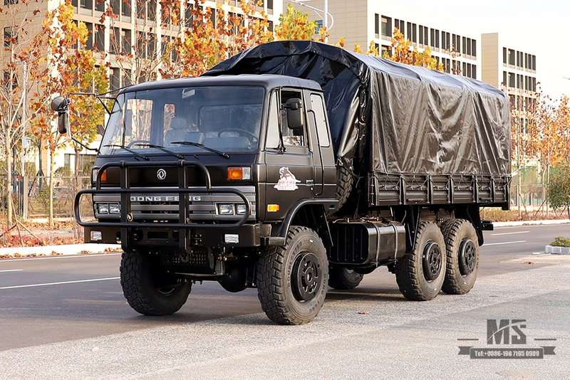 Dongfeng ຂັບລົດຫົກລໍ້ EQ2102 Off-road Truck_190 HP ລົດບັນທຸກສີດໍາສາມເພົາທີ່ມີເສົາ Tarpaulin_All-wheel drive EQ2102G ສົ່ງອອກຍານພາຫະນະຈຸດປະສົງພິເສດ